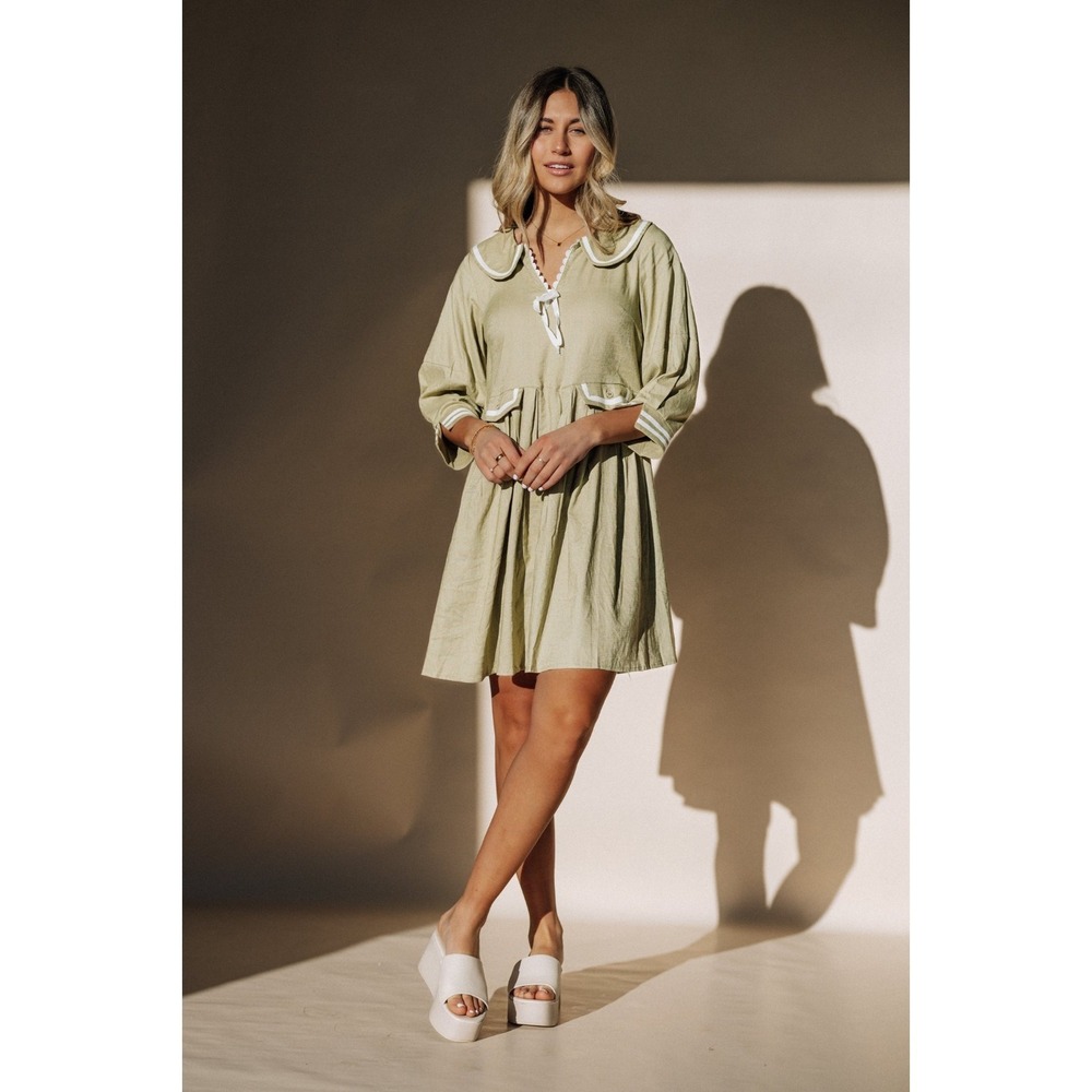 Fehrnvi Dress Large Samantha Linen Dress Short Green Peter Pan Collar